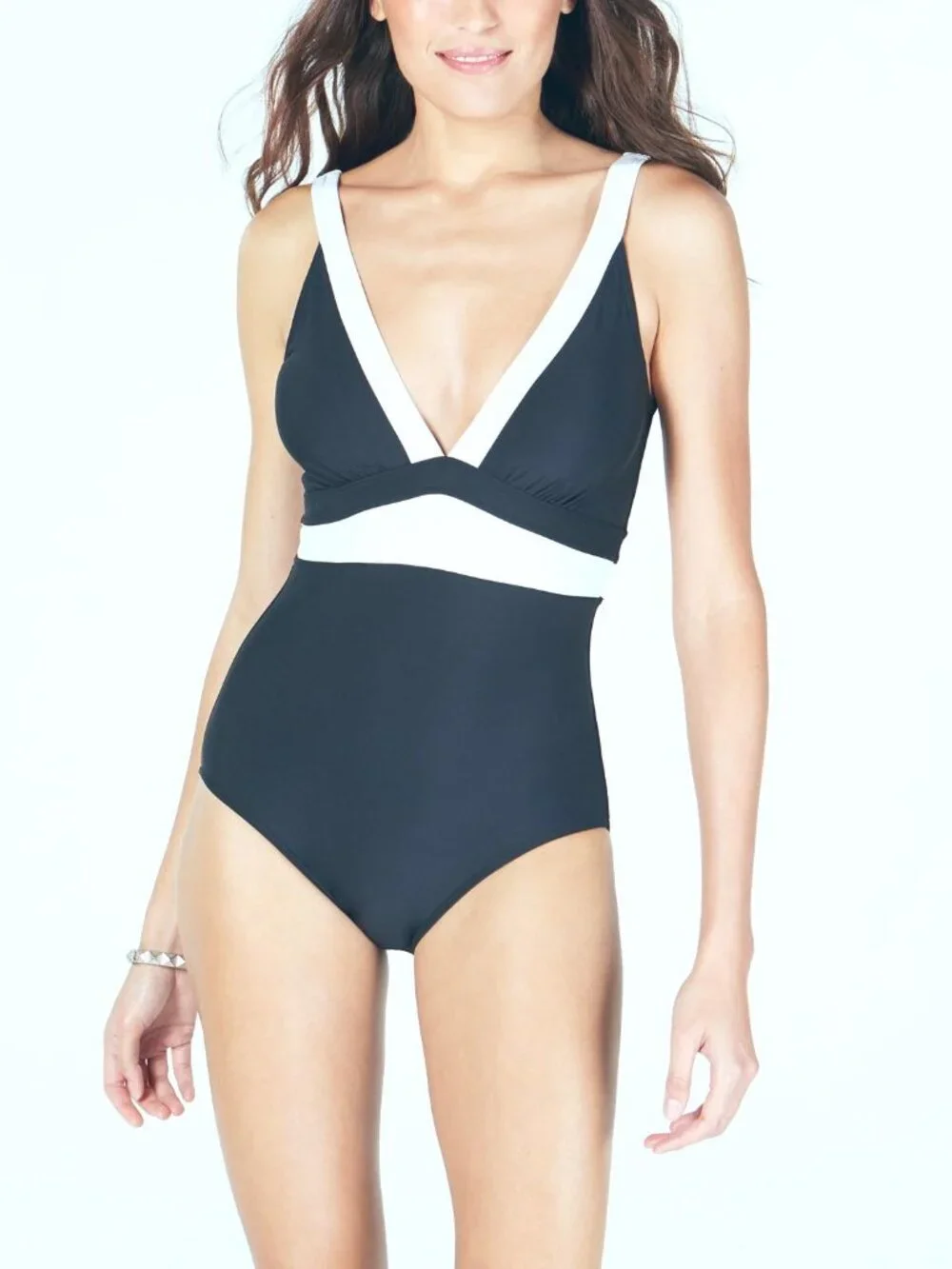 DKNY Compression Fit Tummy Control One Piece Swimsuit Navy Blue White Sz 8 NWT - Picture 2 of 7